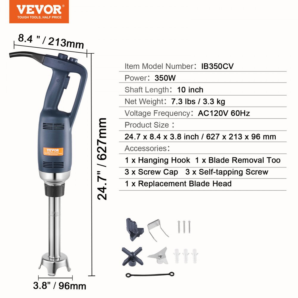 VEVOR Commercial Immersion Blender, 350W Heavy Duty Hand Mixer, 10 inch Stepless Variable Speed Mixer with Stainless Steel Blade, Multi-Purpose Portable Mixer for Soup, Sauces, Mashed Potatoes, Cream 
