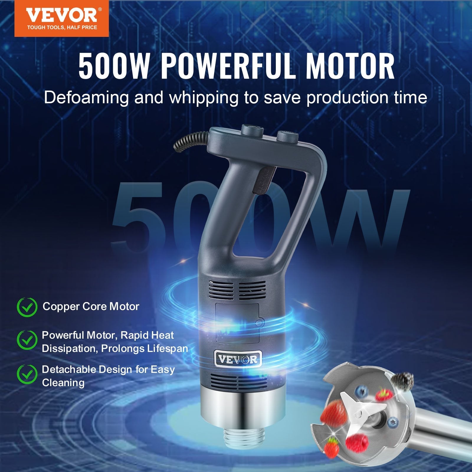 VEVOR Commercial Immersion Blender 500W Heavy Duty Hand Mixer for Soup Sauces 