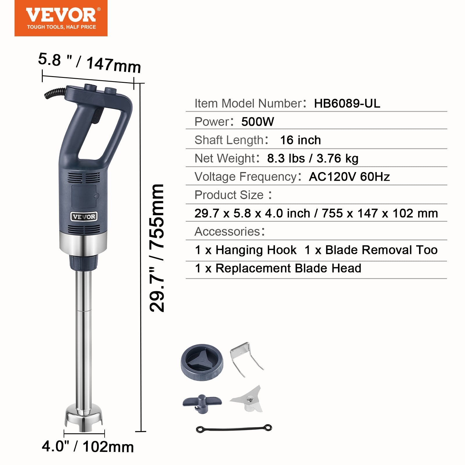 VEVOR Commercial Immersion Blender 500W Heavy Duty Hand Mixer for Soup Sauces 