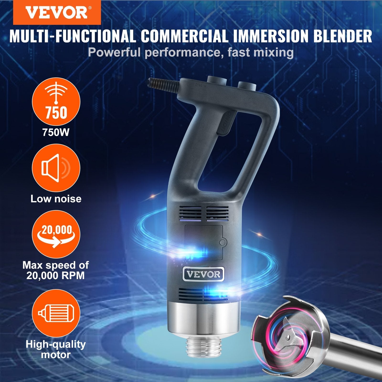 VEVOR Commercial Immersion Blender, 750W 16" Heavy Duty Hand Mixer, Variable Speed Kitchen Stick Mixer with 304 Stainless Steel Blade, Multi-Purpose Portable Mixer for Soup, Smoothie, Puree, Baby Food 