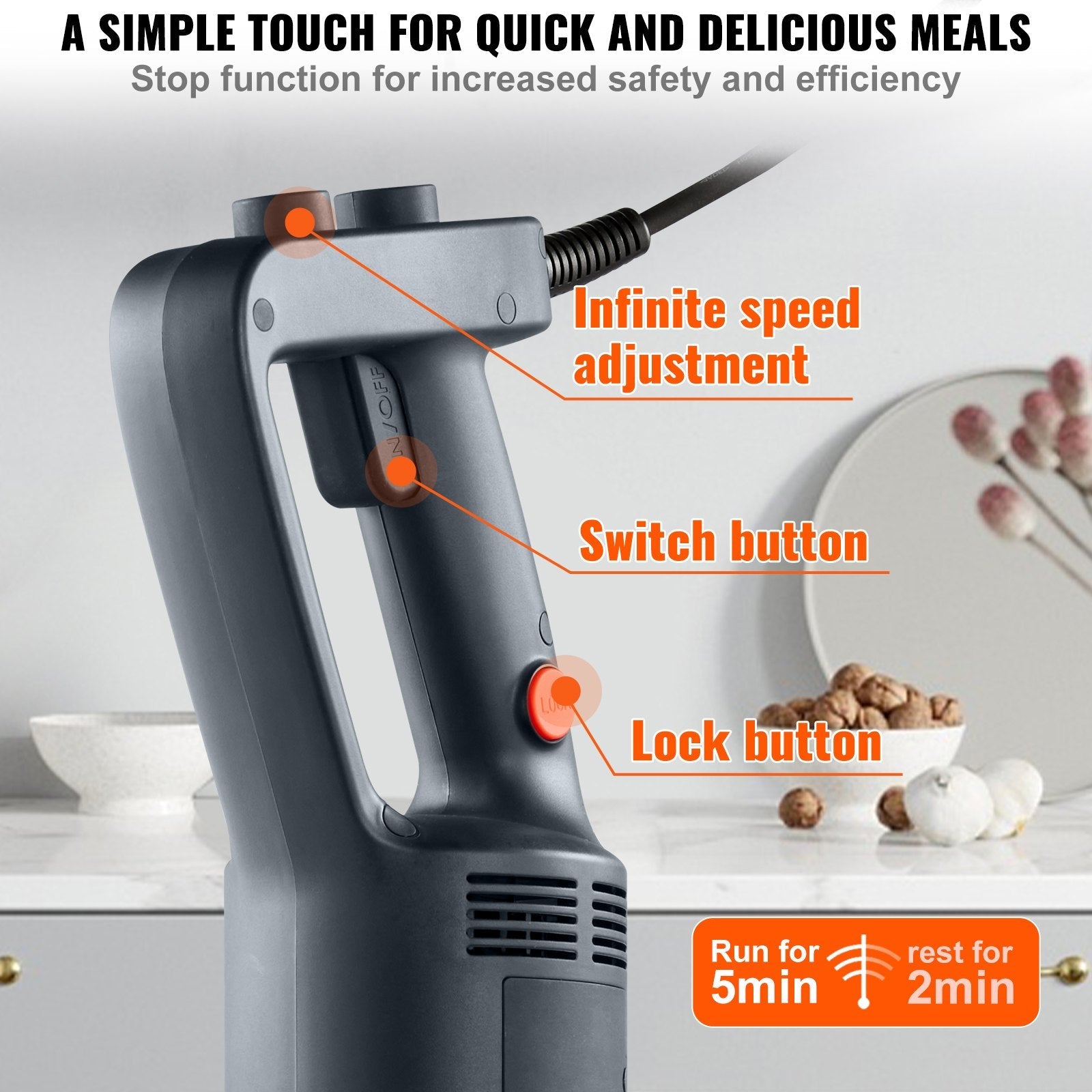 VEVOR Commercial Immersion Blender, 750W 16" Heavy Duty Hand Mixer, Variable Speed Kitchen Stick Mixer with 304 Stainless Steel Blade, Multi-Purpose Portable Mixer for Soup, Smoothie, Puree, Baby Food 