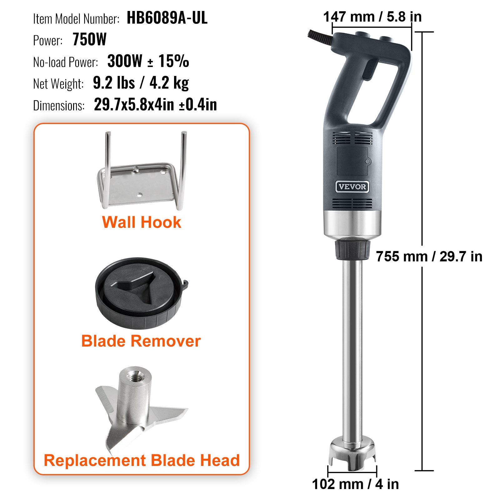 VEVOR Commercial Immersion Blender, 750W 16" Heavy Duty Hand Mixer, Variable Speed Kitchen Stick Mixer with 304 Stainless Steel Blade, Multi-Purpose Portable Mixer for Soup, Smoothie, Puree, Baby Food 