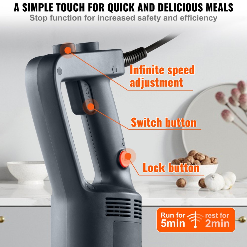 VEVOR Commercial Immersion Blender, 500 Watt Heavy Duty Hand Mixer, Variable Speed Kitchen Stick Mixer with 304 Stainless Steel Blade, Multi-Purpose Portable Mixer for Soup, Smoothie, Puree, Baby Food 