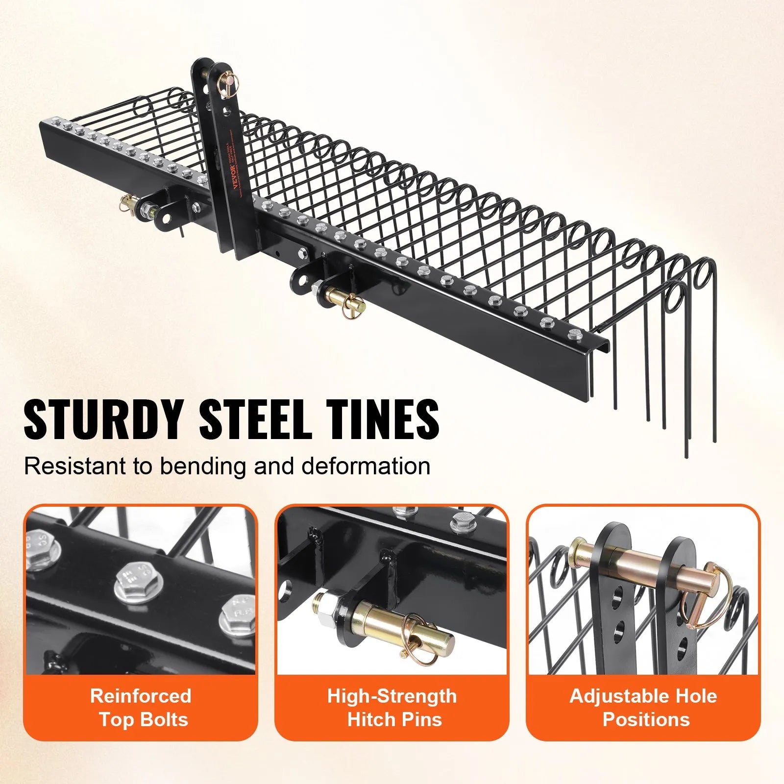 VEVOR Tow Behind Landscape Rake, 72" Tow Dethatcher with 32 Steel Tines, Lawn Dethatcher Rake Attaches to Category 1, 3 Point Hitch for Tractor, for Leaves, Pine Needles, Straw, and Grass