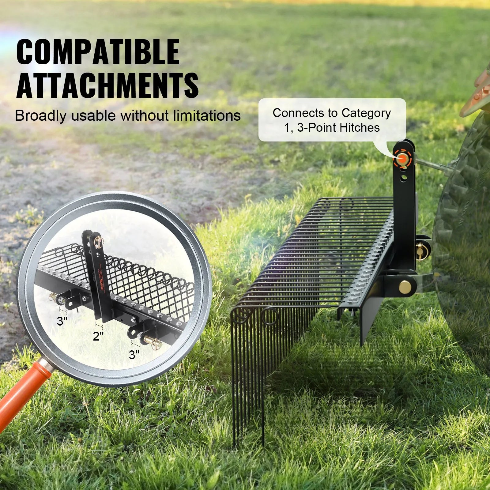 VEVOR Tow Behind Landscape Rake, 72" Tow Dethatcher with 32 Steel Tines, Lawn Dethatcher Rake Attaches to Category 1, 3 Point Hitch for Tractor, for Leaves, Pine Needles, Straw, and Grass