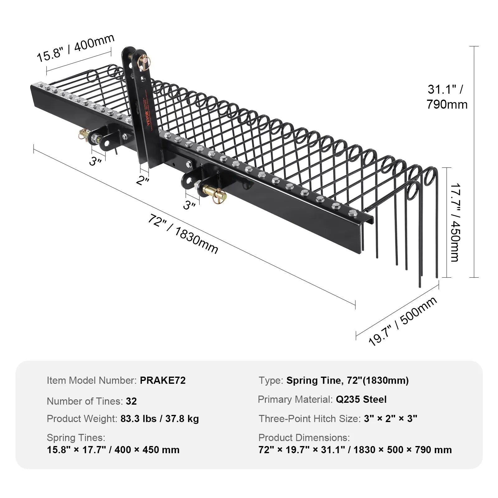 VEVOR Tow Behind Landscape Rake, 72" Tow Dethatcher with 32 Steel Tines, Lawn Dethatcher Rake Attaches to Category 1, 3 Point Hitch for Tractor, for Leaves, Pine Needles, Straw, and Grass