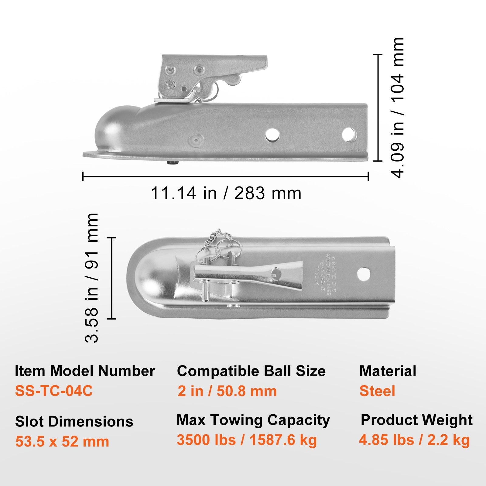 VEVOR Straight Trailer Coupler, for 2-Inch Hitch Ball, 2-Inch Channel, 3500 lbs Capacity, Heavy Duty Trailer Tongue Coupler, Ideal for Towing Station Wagons, Pickup Trucks, SUVs, Zinc Plated Surface 