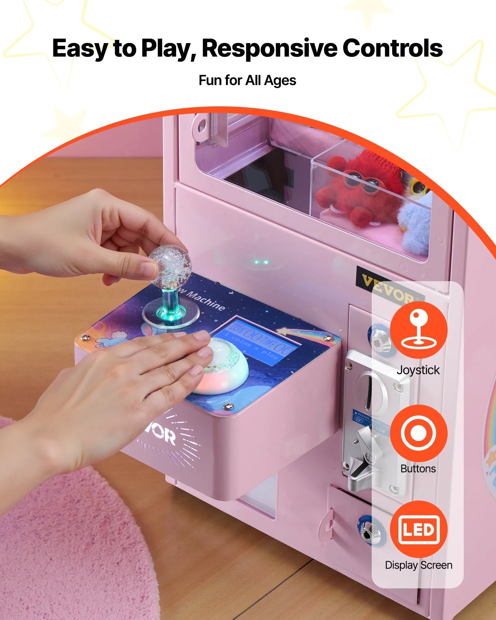 VEVOR Claw Crane Machine, Medium-Sized Arcade Game Machine with Light & Sound, Adjustable Steel Claws, Precise Toy Candy Grabber Prize Dispenser Vending Toy, for Commercial Home Parties Cinema, Pink 