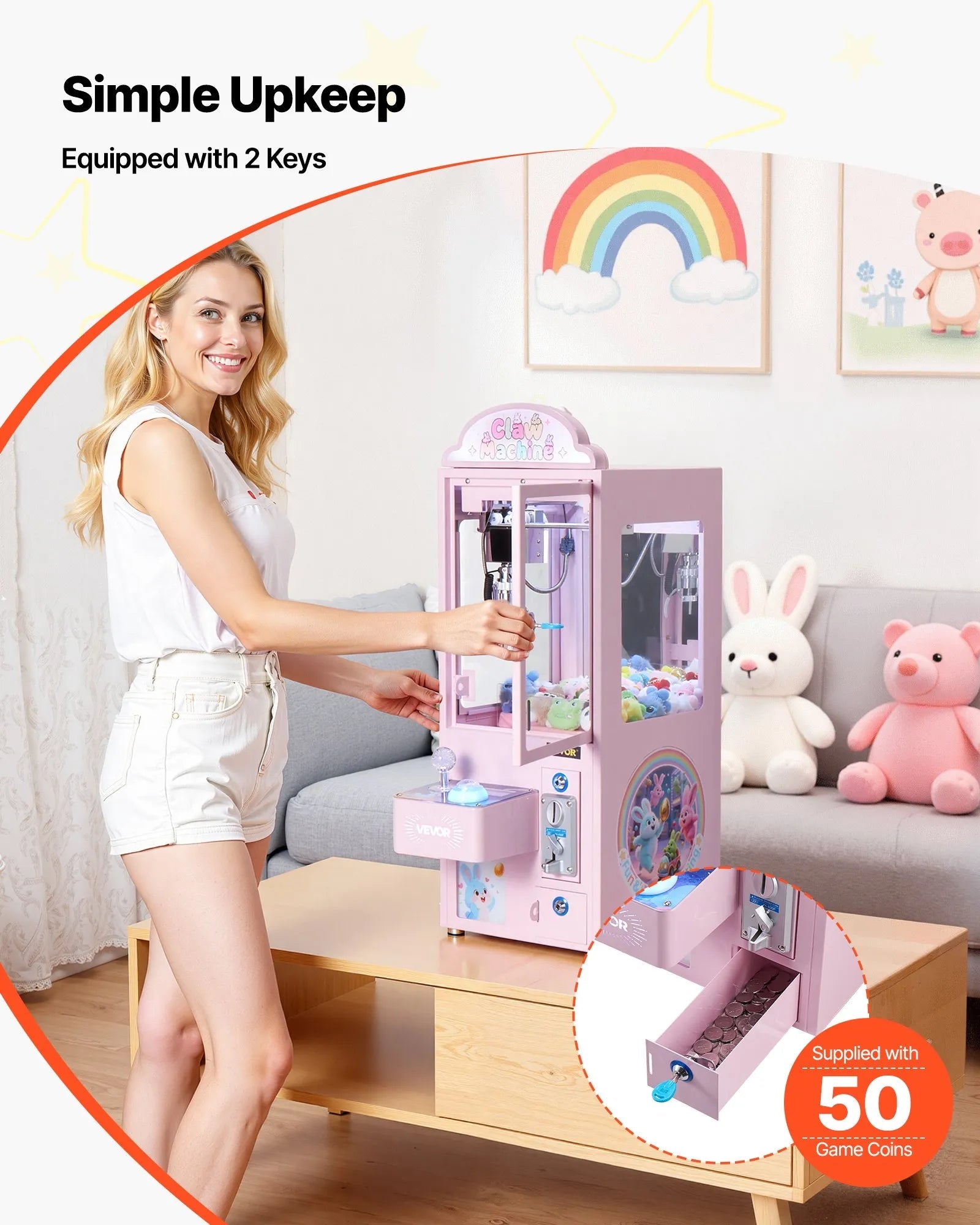 VEVOR Claw Crane Machine, Medium-Sized Arcade Game Machine with Light & Sound, Adjustable Steel Claws, Precise Toy Candy Grabber Prize Dispenser Vending Toy, for Commercial Home Parties Cinema, Pink 