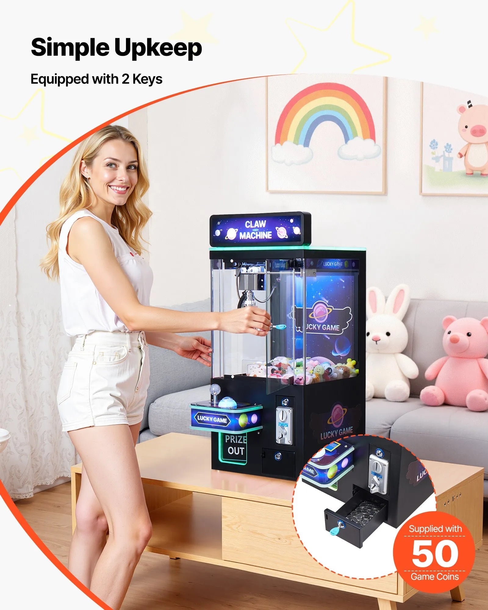 VEVOR Claw Crane Machine, Medium-Sized Arcade Game Machine with Light & Sound, Adjustable Steel Claws, Precise Toy Candy Grabber Prize Dispenser Vending Toy, for Commercial Home Cinema, Black Purple 