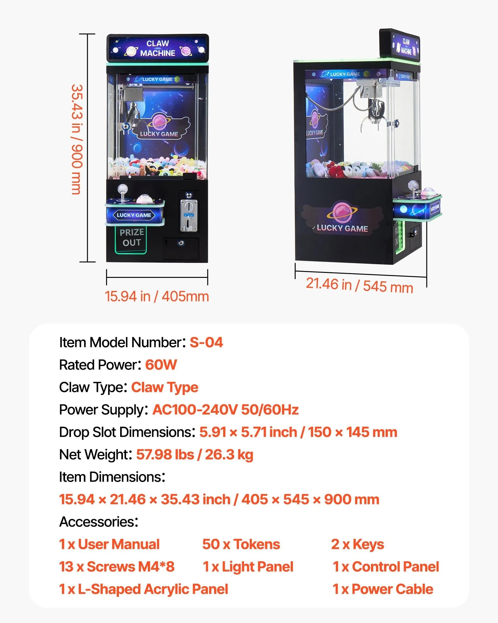 VEVOR Claw Crane Machine, Medium-Sized Arcade Game Machine with Light & Sound, Adjustable Steel Claws, Precise Toy Candy Grabber Prize Dispenser Vending Toy, for Commercial Home Cinema, Black Purple 