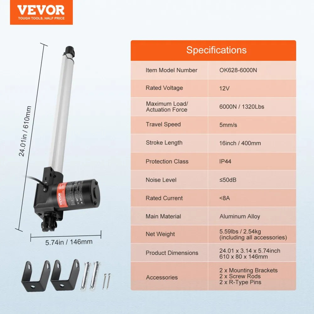 VEVOR Linear Actuator 12V, 16 Inch Heavy Duty 1320lbs /6000N Linear Actuator, 0.19"/s Linear Motion Actuator with Mounting Bracket & IP44 Protection for Electric Door Industrial Machinery Vessels Cargo