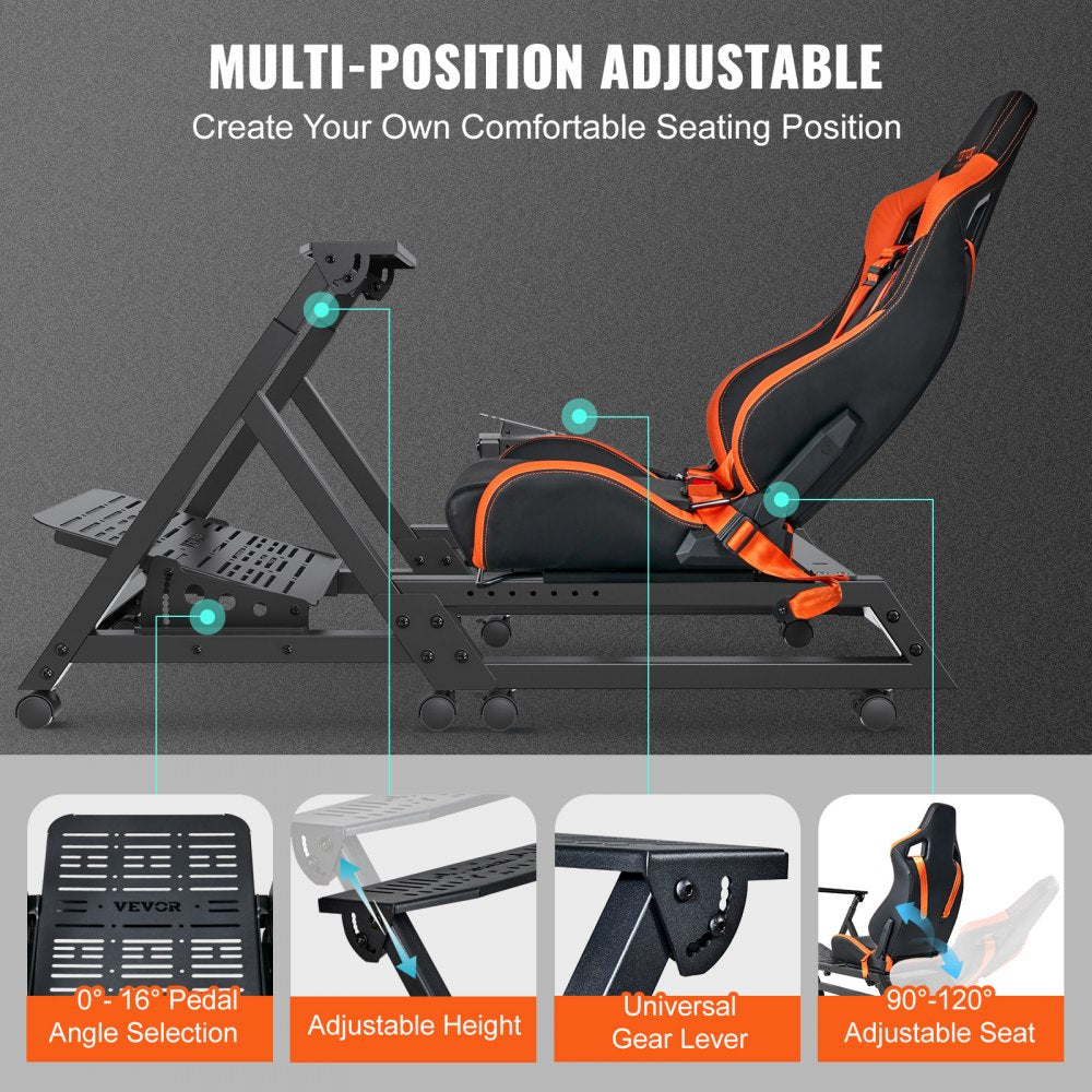 VEVOR Pre-installed Steering Racing Wheel Stand, Universal Base Fit for Logitech/Thrustmaster/Fanatec, Multi-Position Adjustable Driving Simulator, Comfortable PVC Leather Integrated Cockpit w/ Wheels 