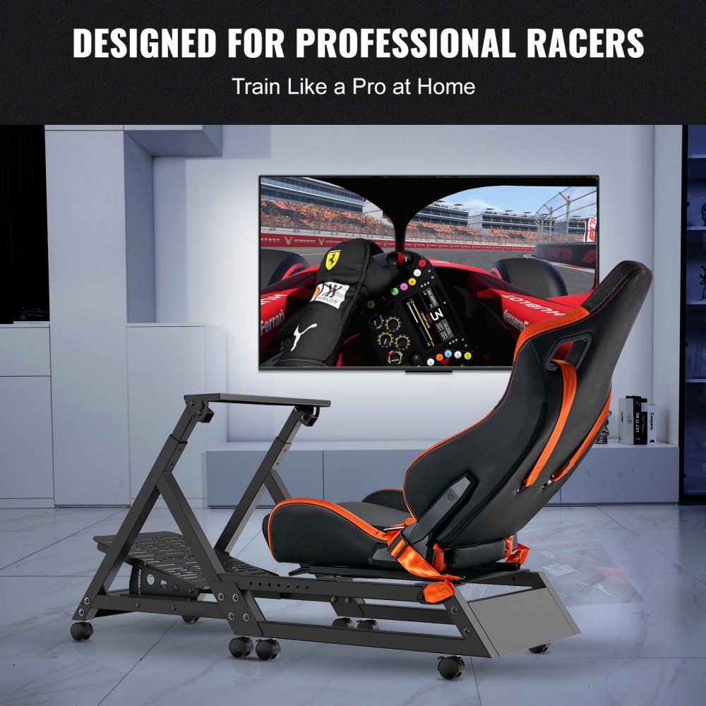 VEVOR Pre-installed Steering Racing Wheel Stand, Universal Base Fit for Logitech/Thrustmaster/Fanatec, Multi-Position Adjustable Driving Simulator, Comfortable PVC Leather Integrated Cockpit w/ Wheels 
