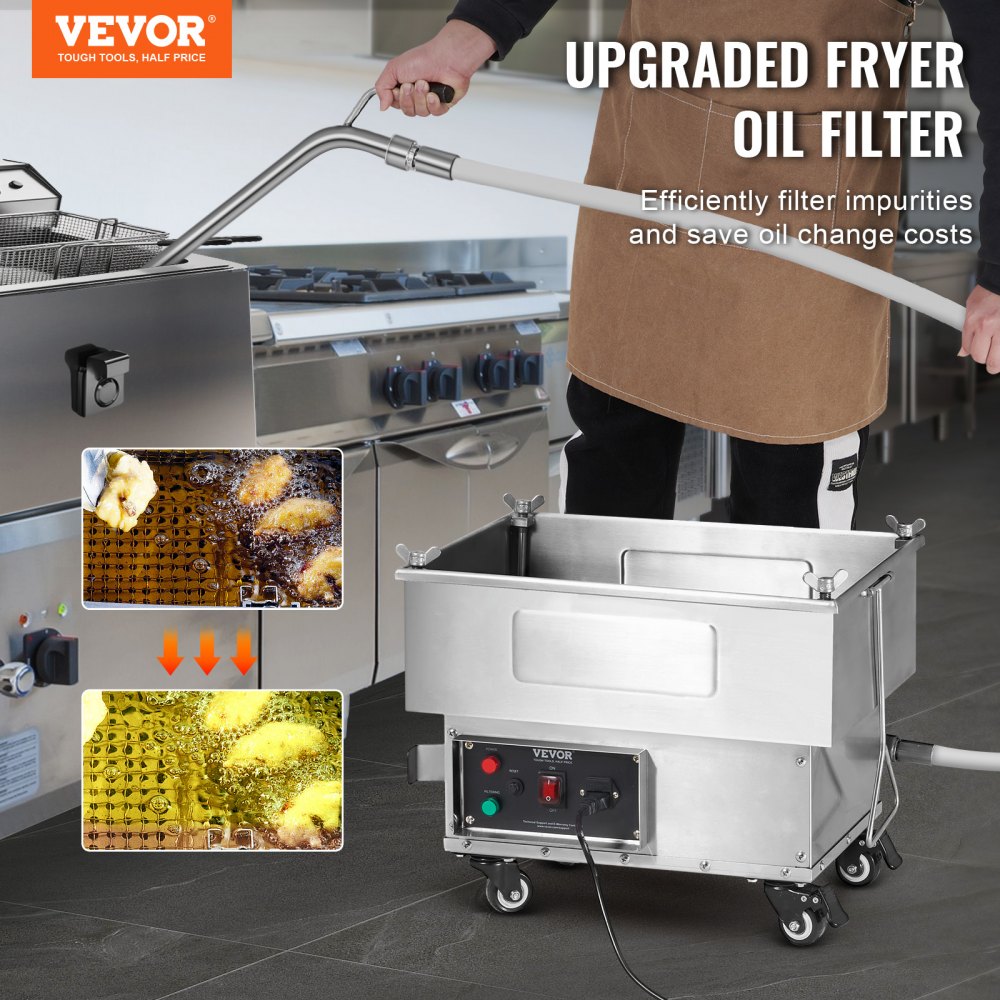 VEVOR Mobile Fryer Filter, 18L Oil Tank Capacity, Oil Filtration System with 10 L/min Oil Filtration Speed, Mobile Frying Oil Filtering System with Swivel Wheels, Oil Hose for Restaurant Burger Stores 