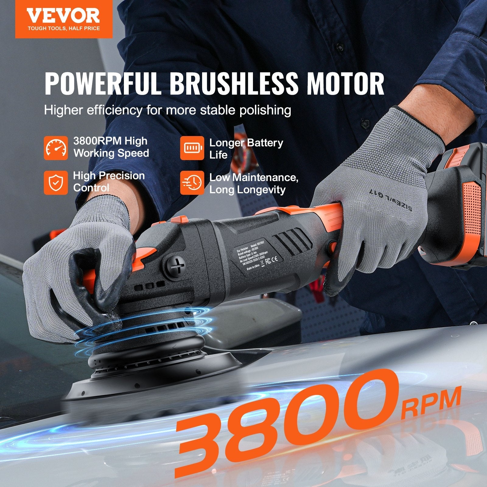 VEVOR 20V Cordless Buffer Polisher 6" Brushless Polisher with 1PCS 4.0Ah Battery 