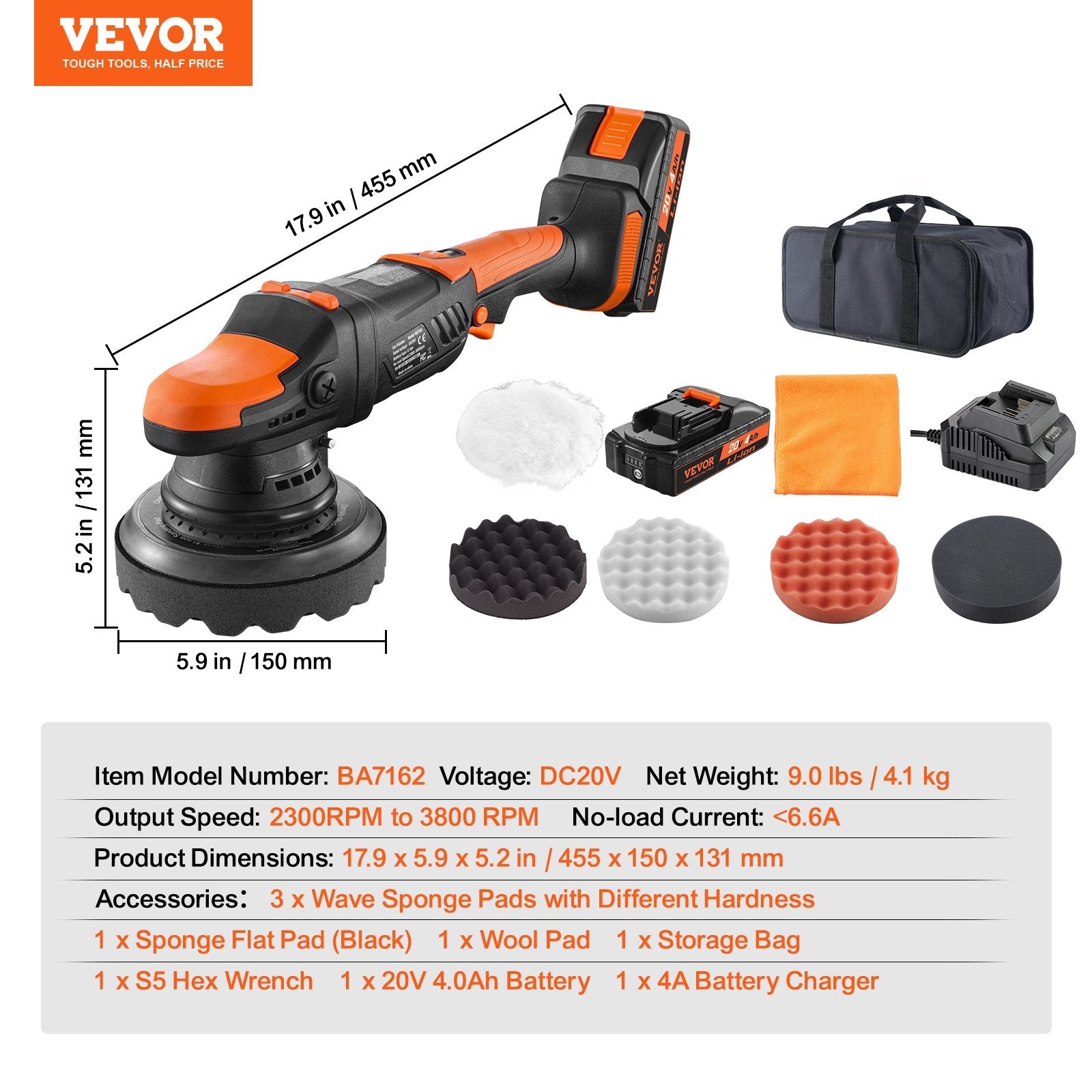 VEVOR 20V Cordless Buffer Polisher 6" Brushless Polisher with 1PCS 4.0Ah Battery 