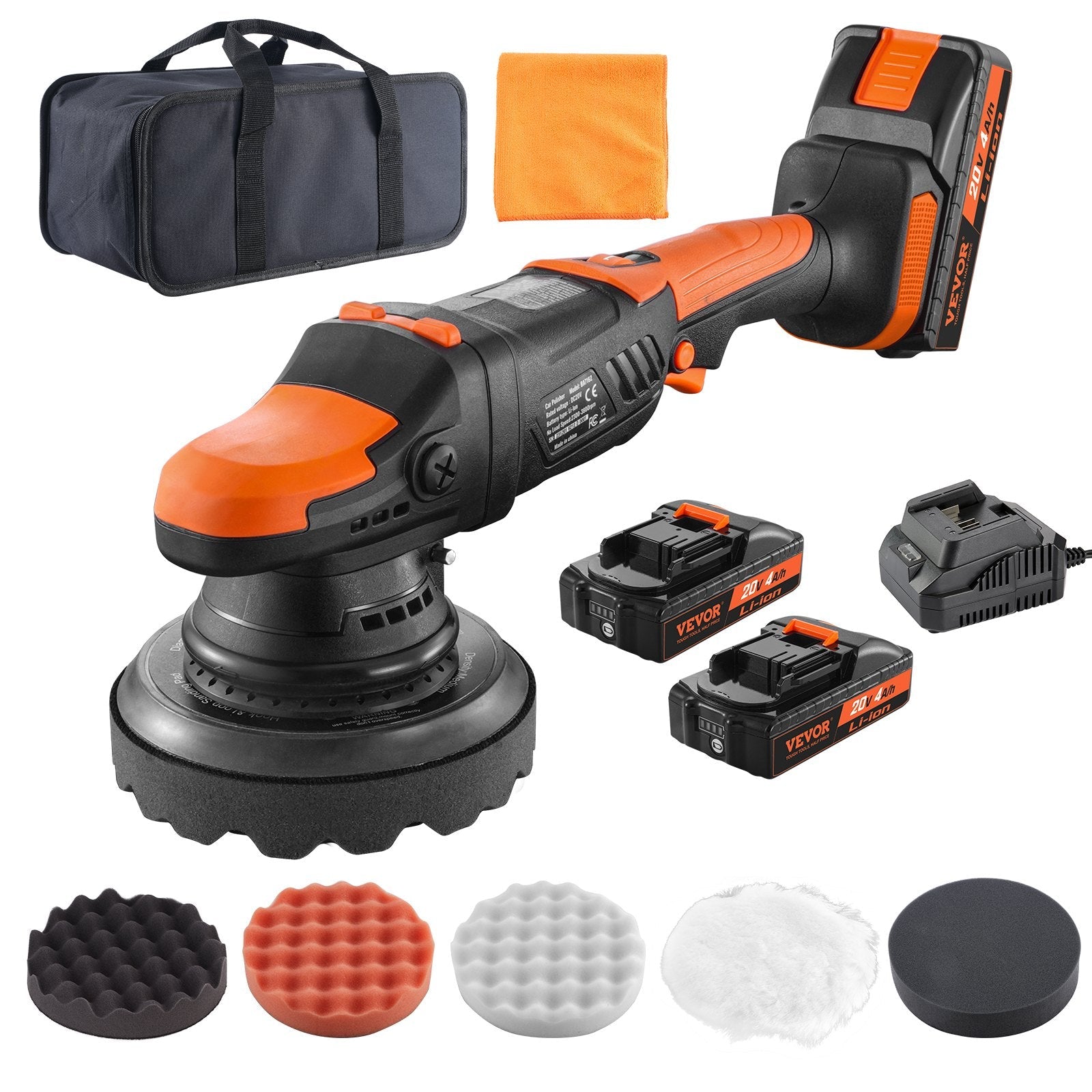 VEVOR 20V Cordless Buffer Polisher 6" Brushless Polisher with 2PCS 4.0Ah Battery 