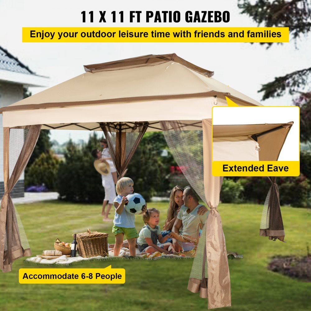 VEVOR Outdoor Canopy Gazebo Tent, Portable Canopy Shelter with 11'x11' Large Shade Space for Party, Backyard, Patio Lawn and Garden, 4 Sandbags, Carrying Bag and Netting Included, Brown 