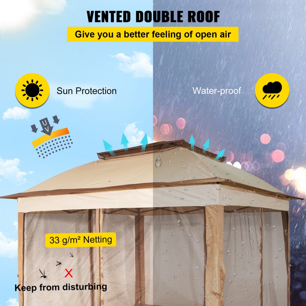 VEVOR Outdoor Canopy Gazebo Tent, Portable Canopy Shelter with 11'x11' Large Shade Space for Party, Backyard, Patio Lawn and Garden, 4 Sandbags, Carrying Bag and Netting Included, Brown 