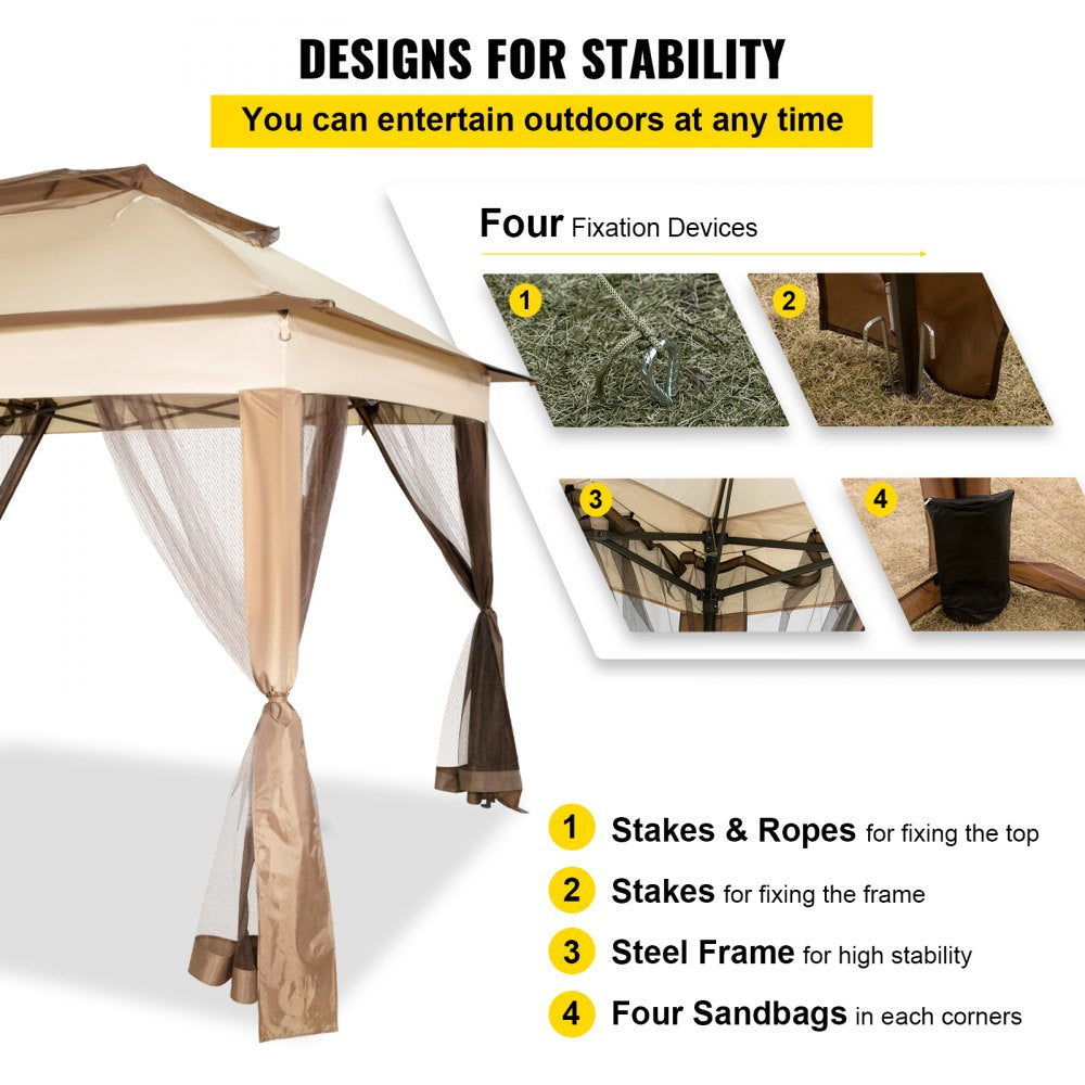 VEVOR Outdoor Canopy Gazebo Tent, Portable Canopy Shelter with 11'x11' Large Shade Space for Party, Backyard, Patio Lawn and Garden, 4 Sandbags, Carrying Bag and Netting Included, Brown 
