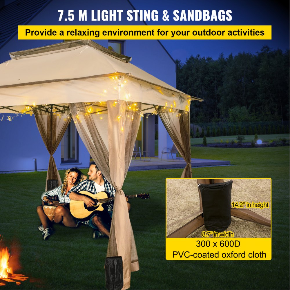 VEVOR Outdoor Canopy Gazebo Tent, Portable Canopy Shelter with 11'x11' Large Shade Space for Party, Backyard, Patio Lawn and Garden, 4 Sandbags, Carrying Bag and Netting Included, Brown 