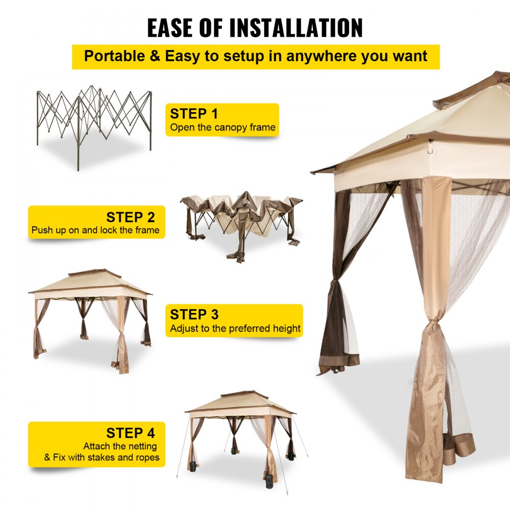 VEVOR Outdoor Canopy Gazebo Tent, Portable Canopy Shelter with 11'x11' Large Shade Space for Party, Backyard, Patio Lawn and Garden, 4 Sandbags, Carrying Bag and Netting Included, Brown 