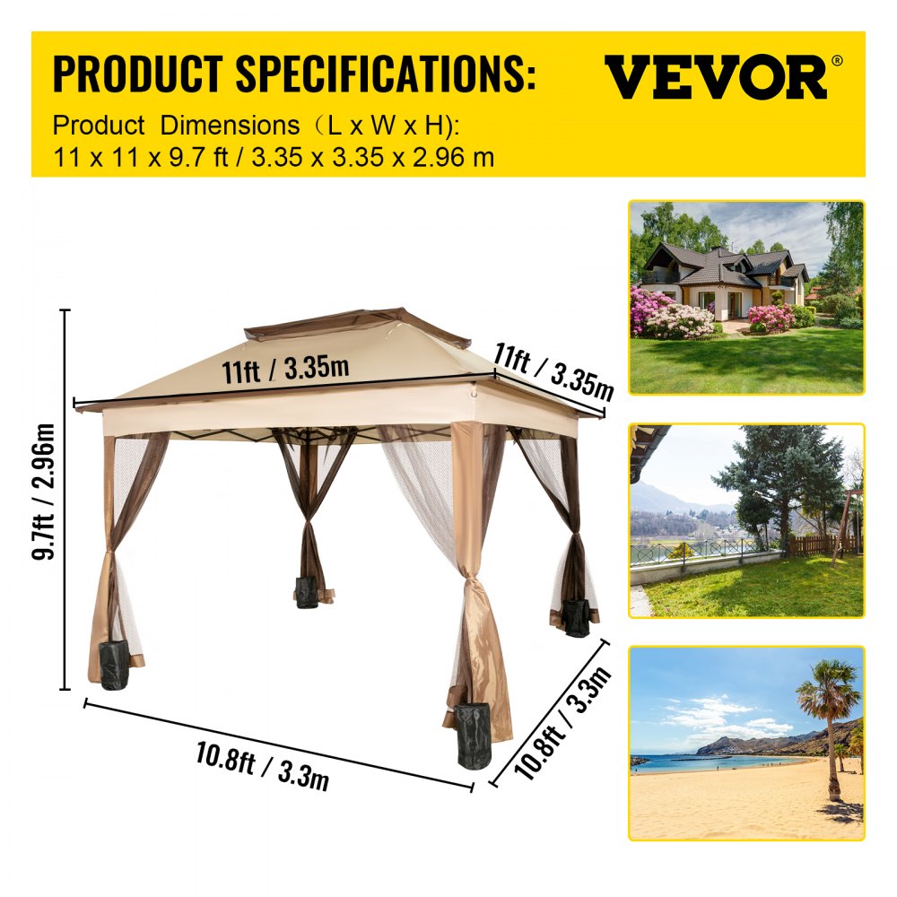 VEVOR Outdoor Canopy Gazebo Tent, Portable Canopy Shelter with 11'x11' Large Shade Space for Party, Backyard, Patio Lawn and Garden, 4 Sandbags, Carrying Bag and Netting Included, Brown 
