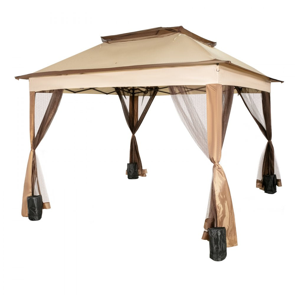VEVOR Outdoor Canopy Gazebo Tent, Portable Canopy Shelter with 11'x11' Large Shade Space for Party, Backyard, Patio Lawn and Garden, 4 Sandbags, Carrying Bag and Netting Included, Brown 