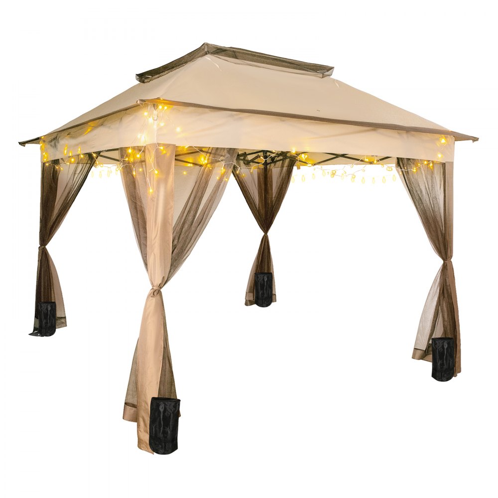 VEVOR Outdoor Canopy Gazebo Tent, Portable Canopy Shelter with 11'x11' Large Shade Space for Party, Backyard, Patio Lawn and Garden, 4 Sandbags, Carrying Bag and Netting Included, Brown 