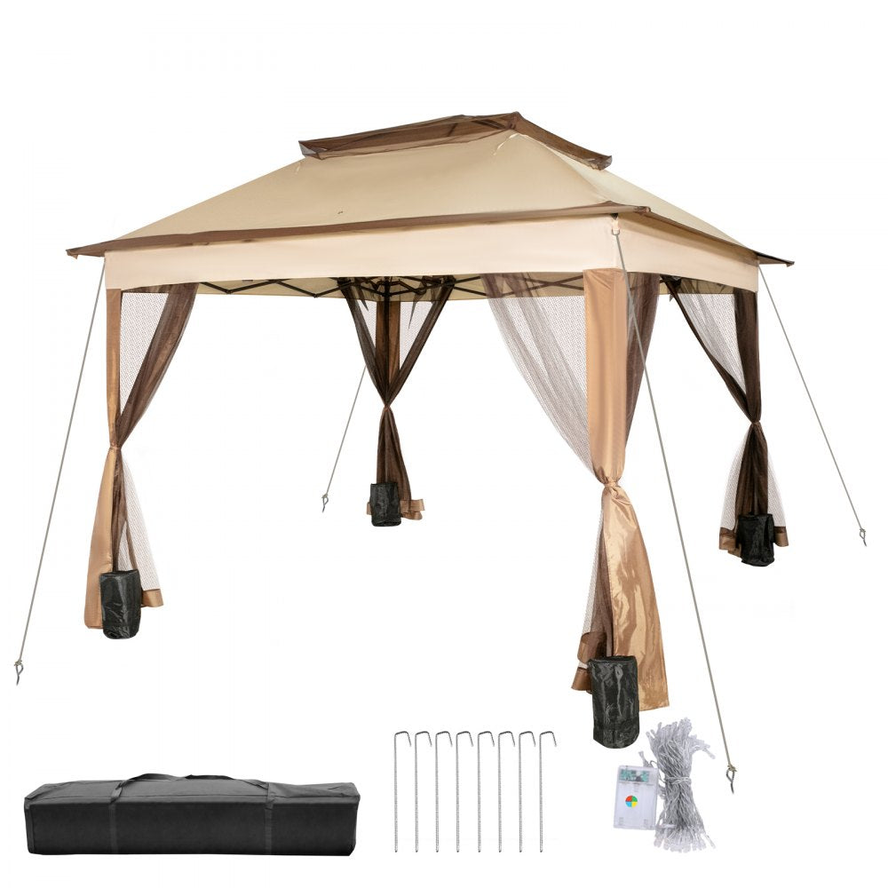 VEVOR Outdoor Canopy Gazebo Tent, Portable Canopy Shelter with 11'x11' Large Shade Space for Party, Backyard, Patio Lawn and Garden, 4 Sandbags, Carrying Bag and Netting Included, Brown 