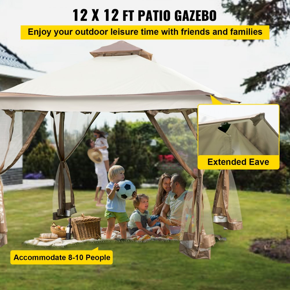VEVOR Outdoor Canopy Gazebo Tent, Portable Canopy Shelter with 12\'x12\' Large Shade Tents for Parties, Backyard, Patio Lawn and Garden, 4 Sandbags, Carrying Bag and Netting Included, Brown 