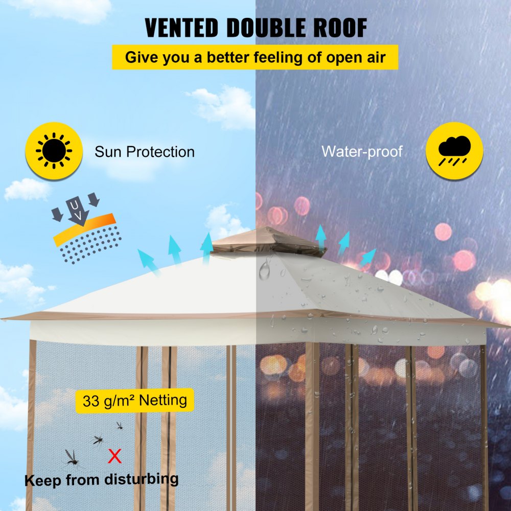 VEVOR Outdoor Canopy Gazebo Tent, Portable Canopy Shelter with 12\'x12\' Large Shade Tents for Parties, Backyard, Patio Lawn and Garden, 4 Sandbags, Carrying Bag and Netting Included, Brown 