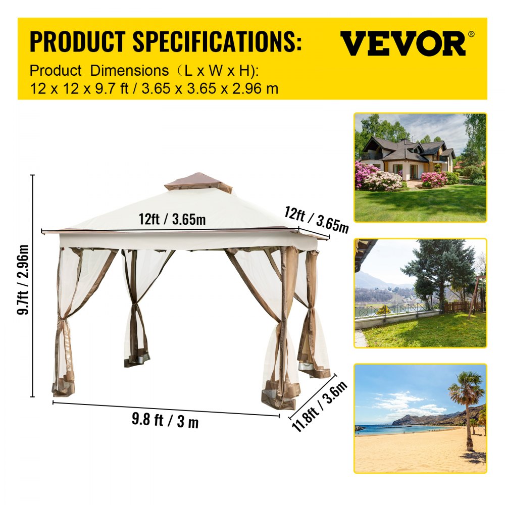VEVOR Outdoor Canopy Gazebo Tent, Portable Canopy Shelter with 12\'x12\' Large Shade Tents for Parties, Backyard, Patio Lawn and Garden, 4 Sandbags, Carrying Bag and Netting Included, Brown 