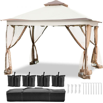 VEVOR Outdoor Canopy Gazebo Tent, Portable Canopy Shelter with 12\'x12\' Large Shade Tents for Parties, Backyard, Patio Lawn and Garden, 4 Sandbags, Carrying Bag and Netting Included, Brown 