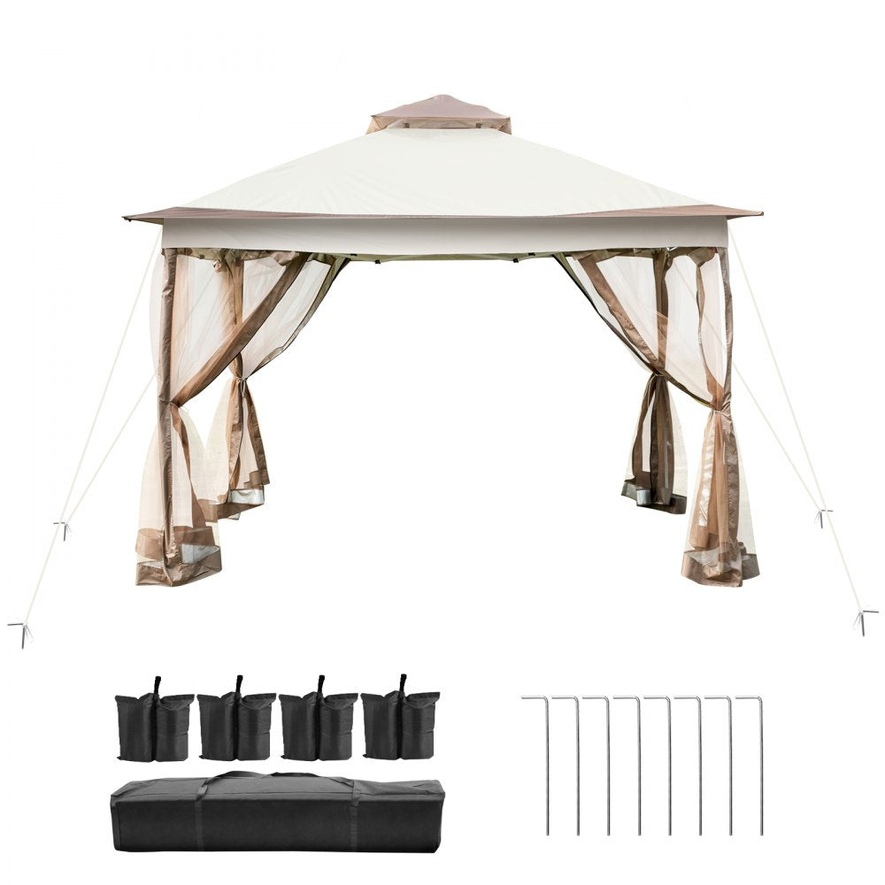 VEVOR Outdoor Canopy Gazebo Tent, Portable Canopy Shelter with 12\'x12\' Large Shade Tents for Parties, Backyard, Patio Lawn and Garden, 4 Sandbags, Carrying Bag and Netting Included, Brown 