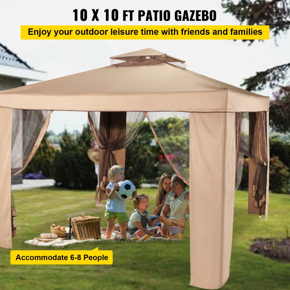 VEVOR Outdoor Canopy Gazebo Tent, Portable Canopy Shelter with 10'x10' Large Shade Space for Party, Backyard, Patio Lawn and Garden, 4 Sandbags, and Netting Included, Brown 