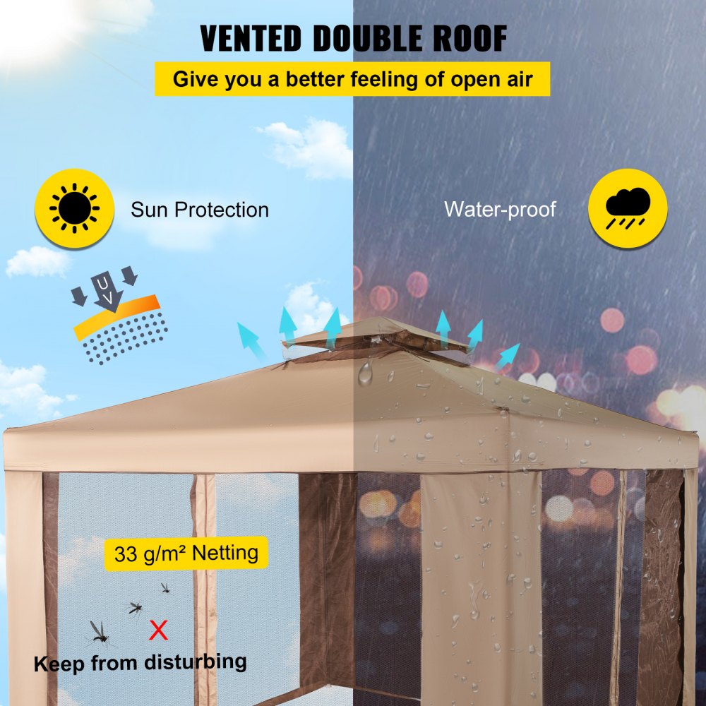 VEVOR Outdoor Canopy Gazebo Tent, Portable Canopy Shelter with 10'x10' Large Shade Space for Party, Backyard, Patio Lawn and Garden, 4 Sandbags, and Netting Included, Brown 