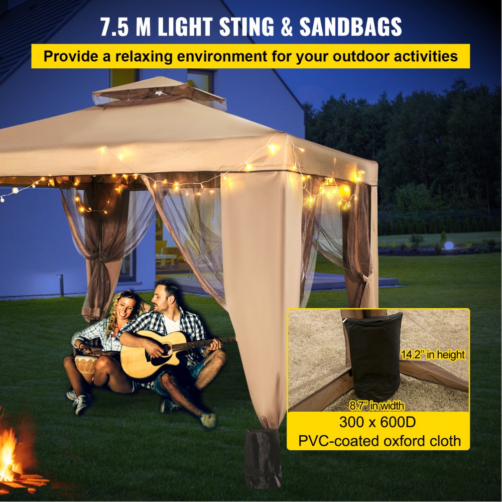 VEVOR Outdoor Canopy Gazebo Tent, Portable Canopy Shelter with 10'x10' Large Shade Space for Party, Backyard, Patio Lawn and Garden, 4 Sandbags, and Netting Included, Brown 