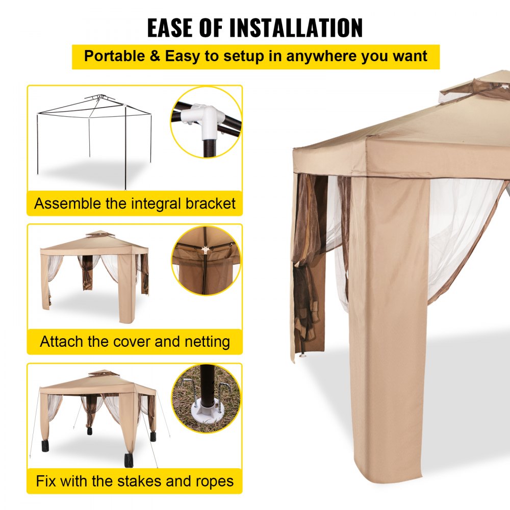 VEVOR Outdoor Canopy Gazebo Tent, Portable Canopy Shelter with 10'x10' Large Shade Space for Party, Backyard, Patio Lawn and Garden, 4 Sandbags, and Netting Included, Brown 