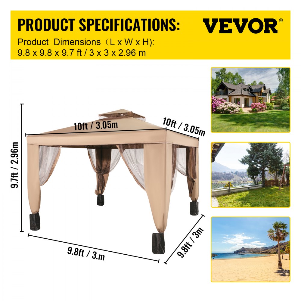 VEVOR Outdoor Canopy Gazebo Tent, Portable Canopy Shelter with 10'x10' Large Shade Space for Party, Backyard, Patio Lawn and Garden, 4 Sandbags, and Netting Included, Brown 