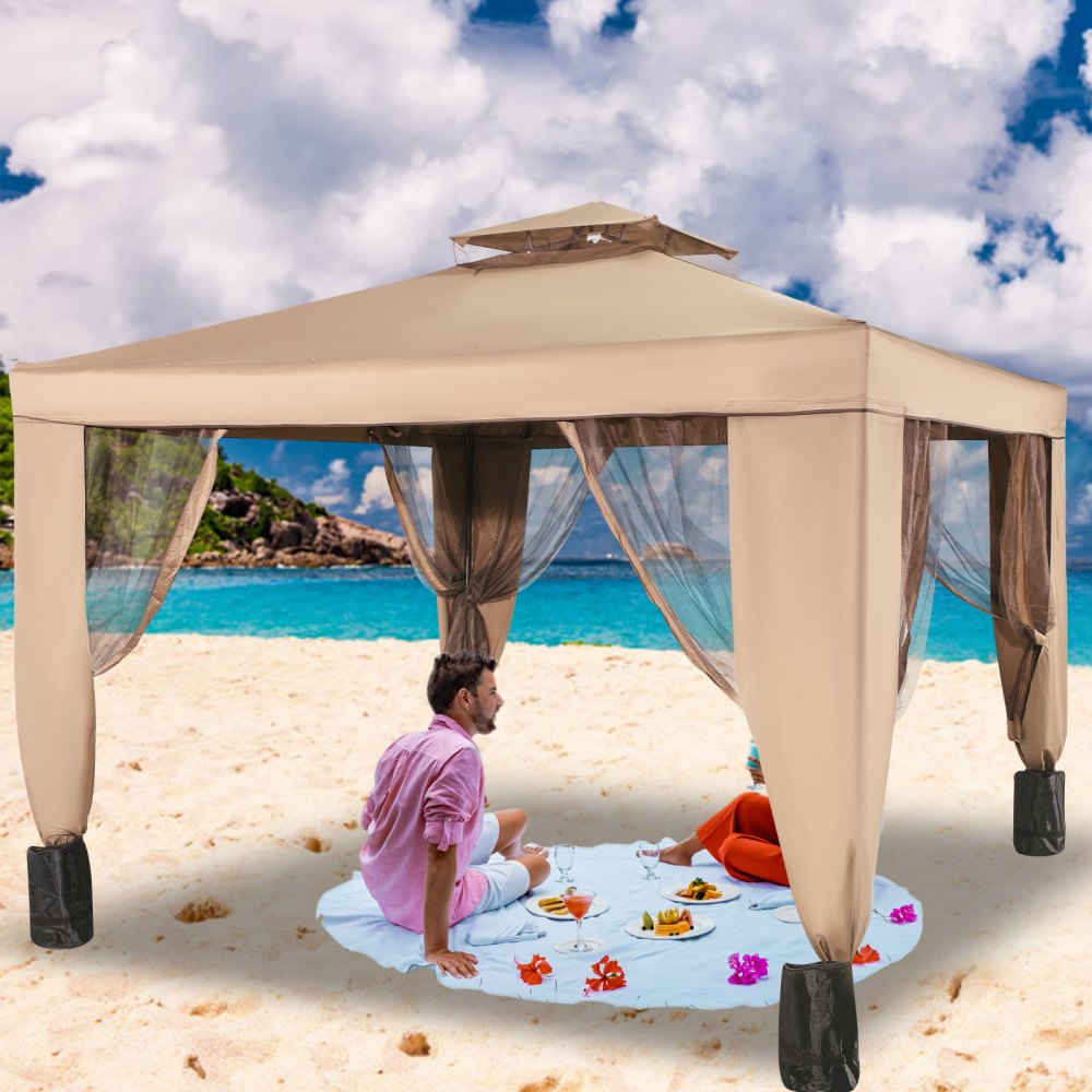 VEVOR Outdoor Canopy Gazebo Tent, Portable Canopy Shelter with 10'x10' Large Shade Space for Party, Backyard, Patio Lawn and Garden, 4 Sandbags, and Netting Included, Brown 