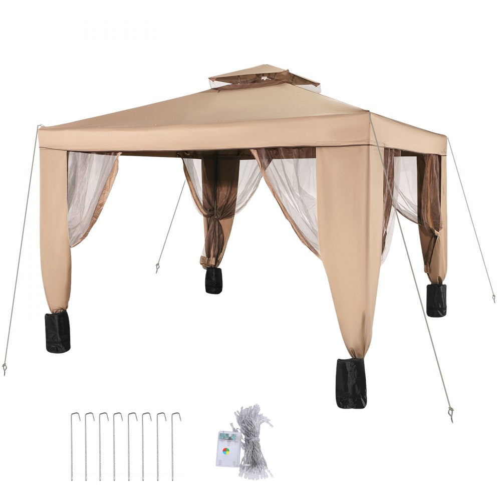 VEVOR Outdoor Canopy Gazebo Tent, Portable Canopy Shelter with 10'x10' Large Shade Space for Party, Backyard, Patio Lawn and Garden, 4 Sandbags, and Netting Included, Brown 