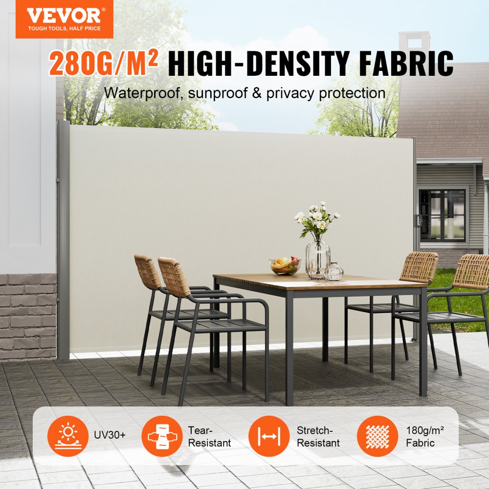 VEVOR Retractable Side Awning 118" x 63", Retractable Patio Screen Waterproof, Retractable Room Divider Beige for Privacy, Garden, Outdoor, Patio and Terrace 