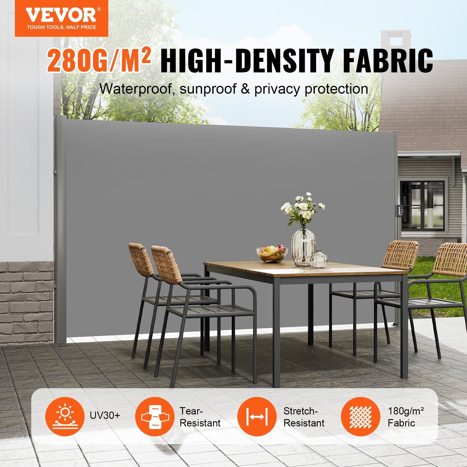 VEVOR Retractable Side Awning 118" x 71", Retractable Patio Screen Waterproof, Retractable Room Divider Grey for Privacy, Garden, Outdoor, Patio and Terrace 
