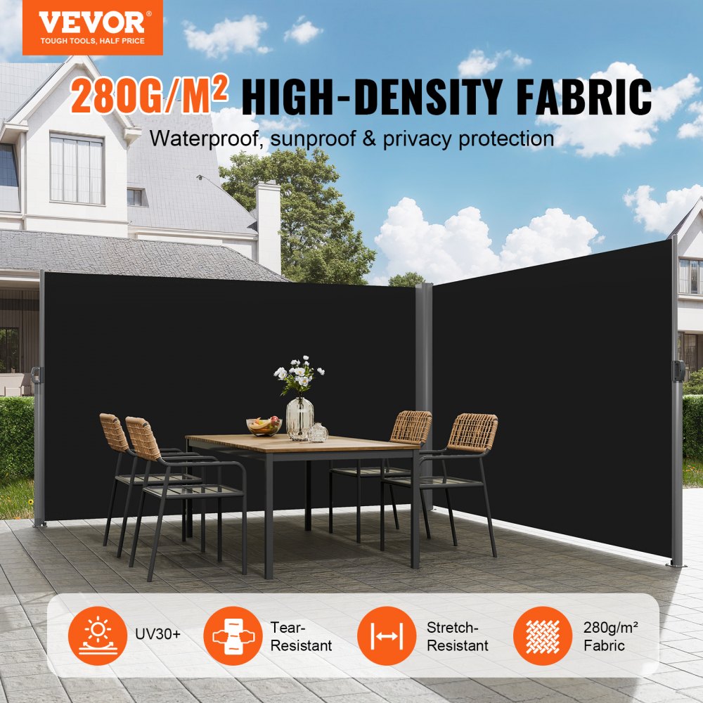 VEVOR 236\" x 71\"Black Retractable Awnig-Rugged Full Aluminum Rust-Proof Patio Sunshine Privacy Divider Wind Screen. Longer Service Life, Suitable for Courtyard, Roof Terraces and Pools 