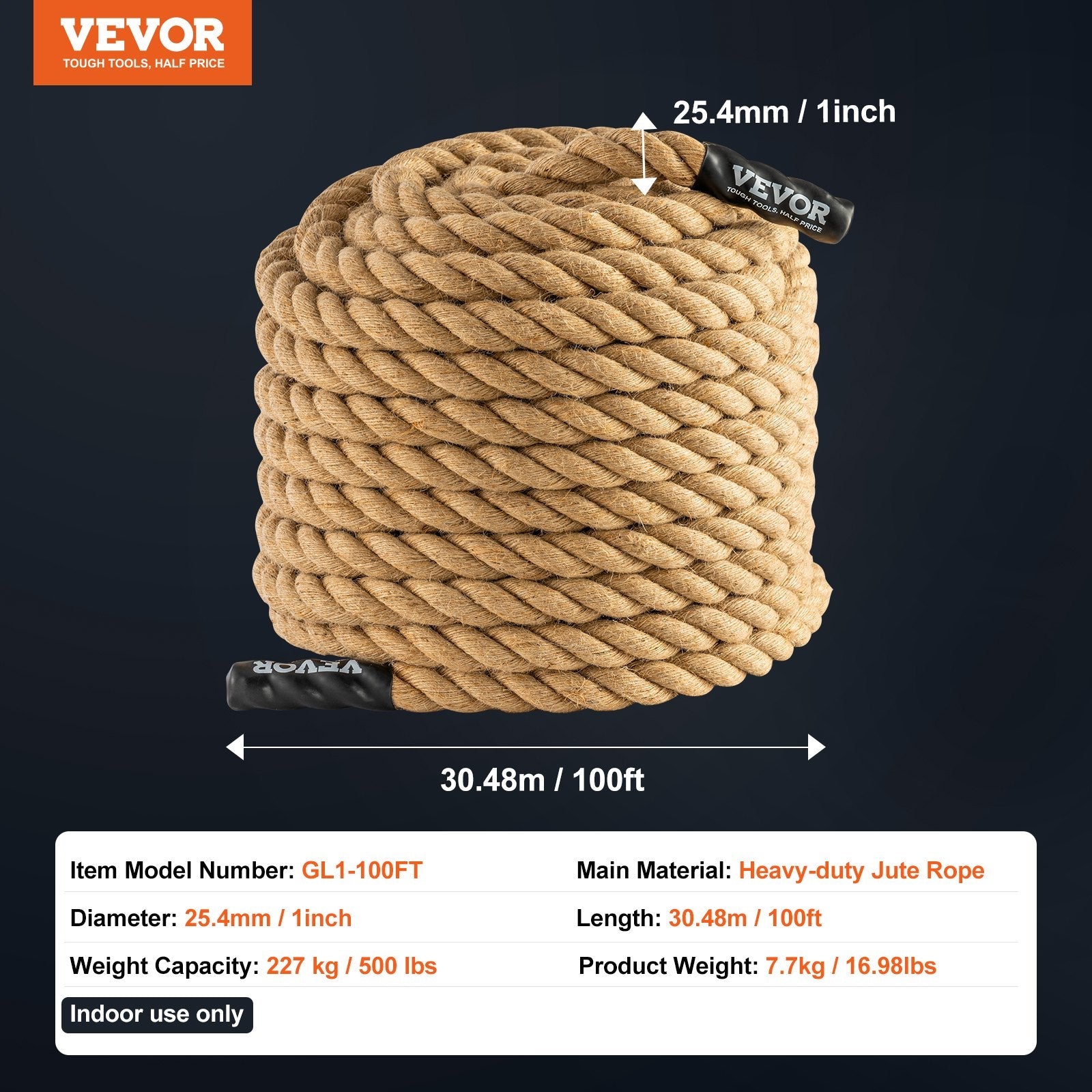 VEVOR 1"x100FT Gym Climbing Rope Fitness Strength Training Rope Home Exercise 