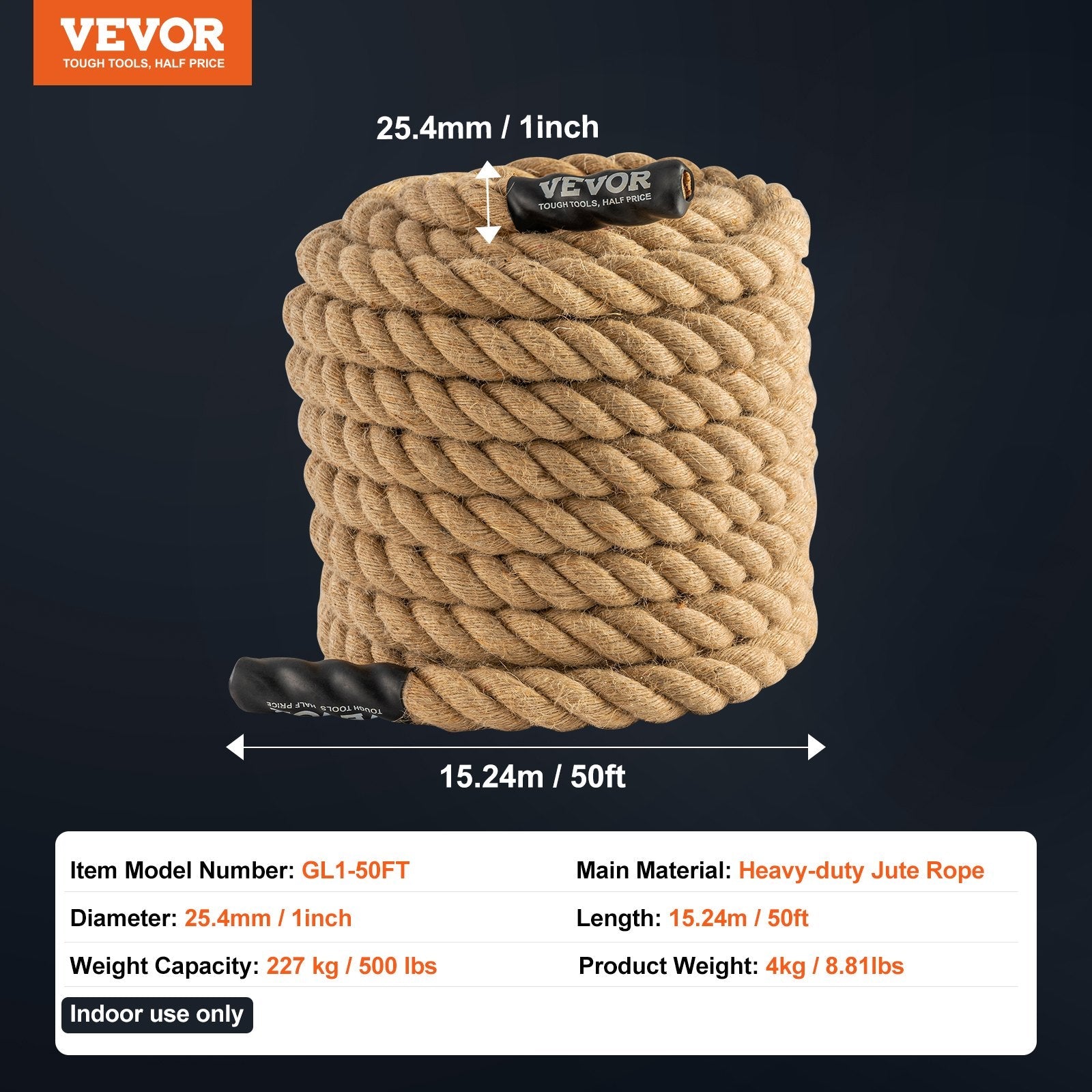 VEVOR 1"x50FT Gym Climbing Rope Fitness Strength Training Rope Home Exercise 