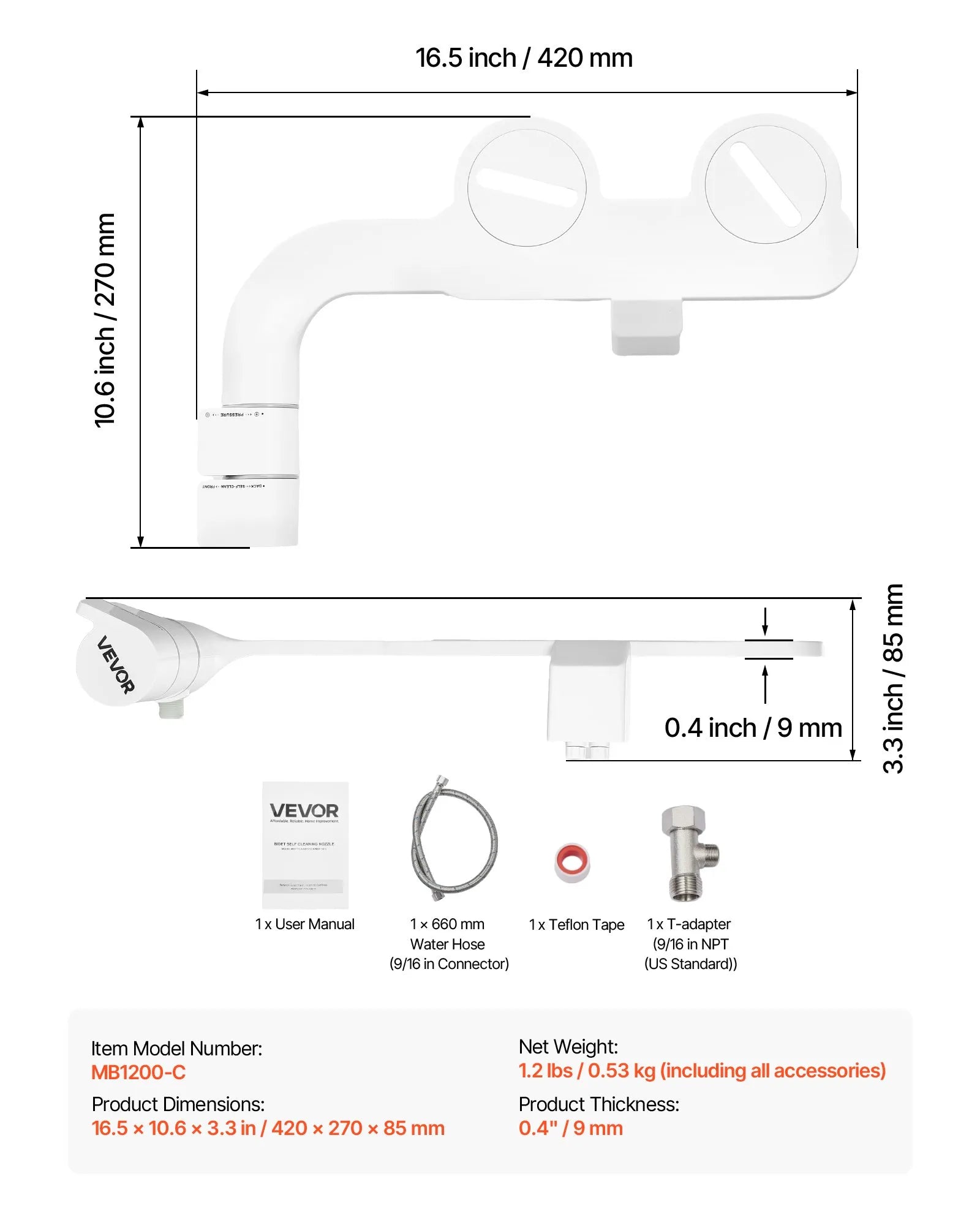 VEVOR Bidet Attachment for Toilet Self-Cleaning Dual Nozzles Adjustable Pressure