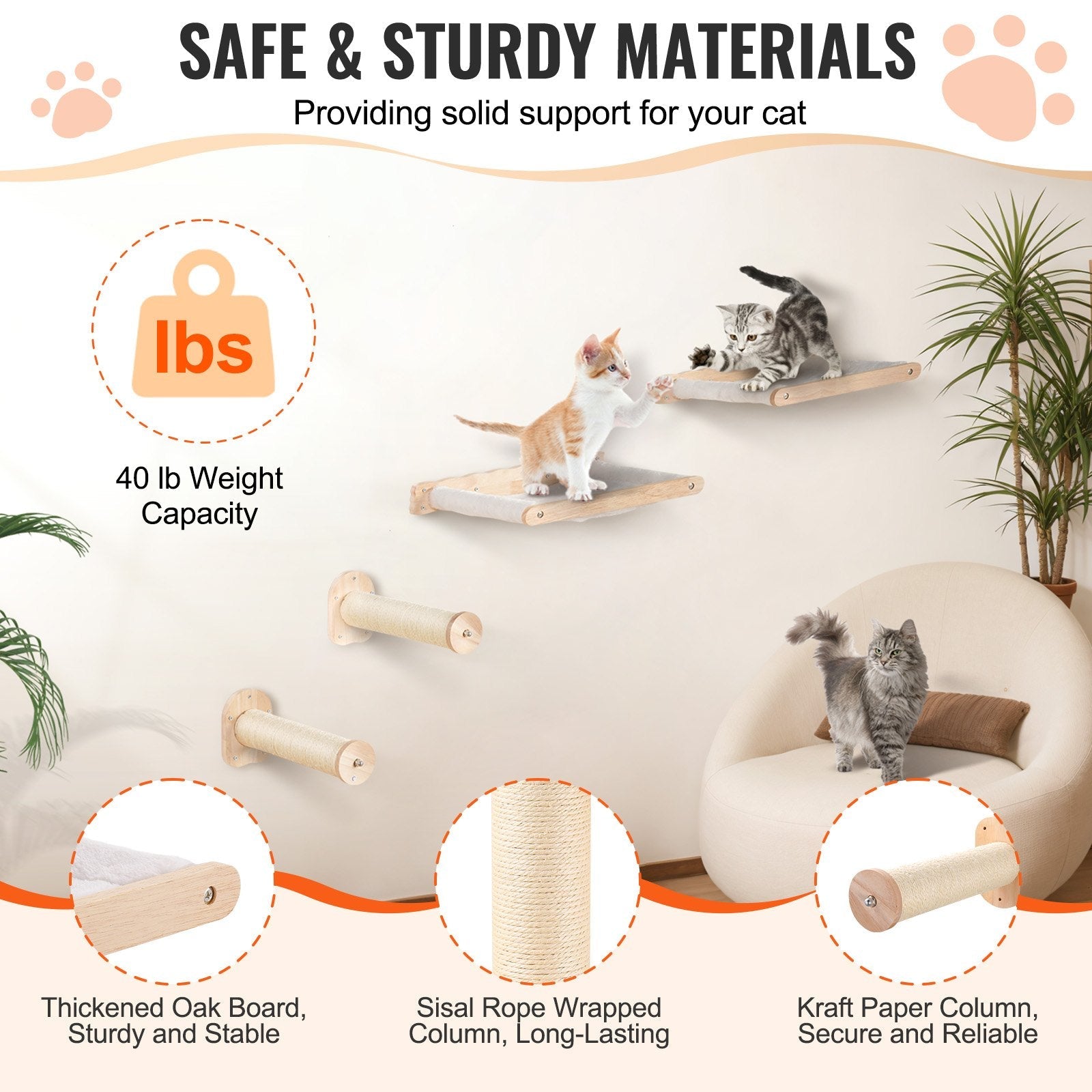 VEVOR Wall Mounted Cat Shelves with 2 Jumping Posts & 2 Hammocks up to 40 lbs 